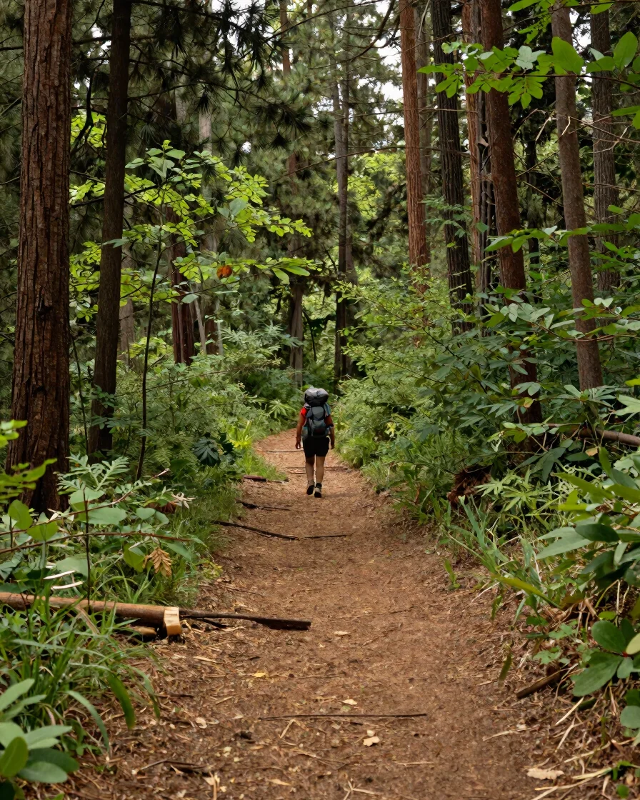 Wide editorial landscape photograph of a US national park forest