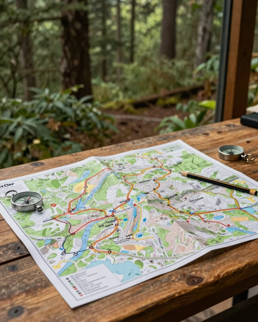 Editorial outdoor photograph of a printed topographic trail map s